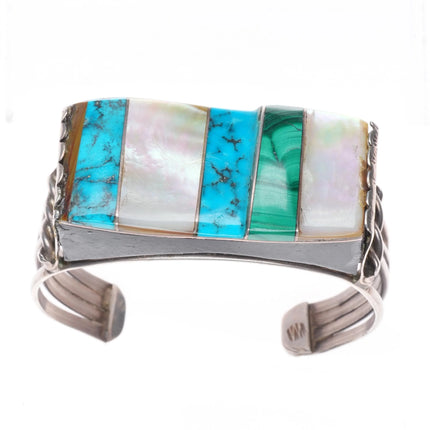 6.4" Vintage sterling silver turquoise, shell, wood, malachite cuff bracelet