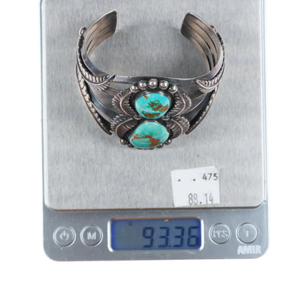 6.4" 1960's Royston Turquoise chiseled featherwork sterling silver cuff bracelet