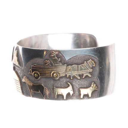 6.6" Russ Rockbridge Navajo storyteller cuff bracelet sterling silver/gold fill