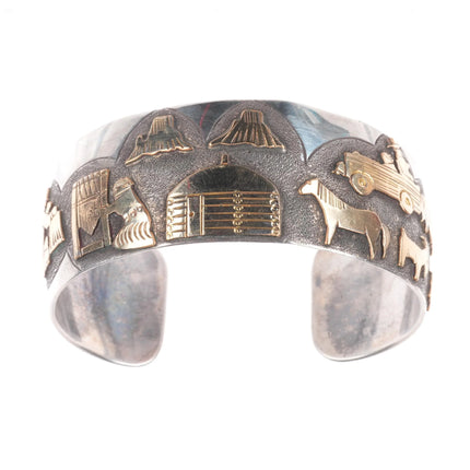 6.6" Russ Rockbridge Navajo storyteller cuff bracelet sterling silver/gold fill