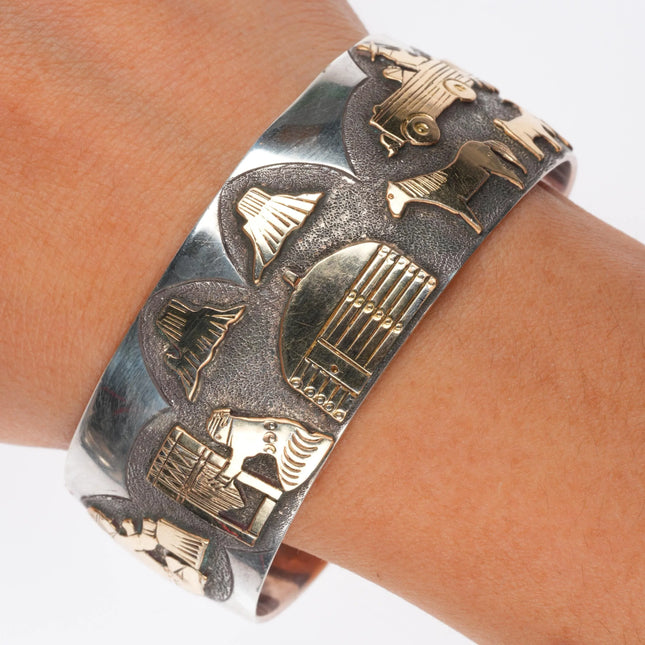 6.6" Russ Rockbridge Navajo storyteller cuff bracelet sterling silver/gold fill