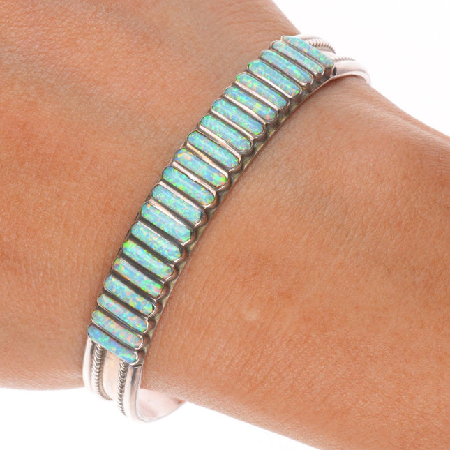 6.35" LS Zuni sterling silver opal inlay ribbed row cuff bracelet