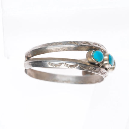 6.25" Vintage Navajo hand stamped turquoise row cuff bracelet sterling silver