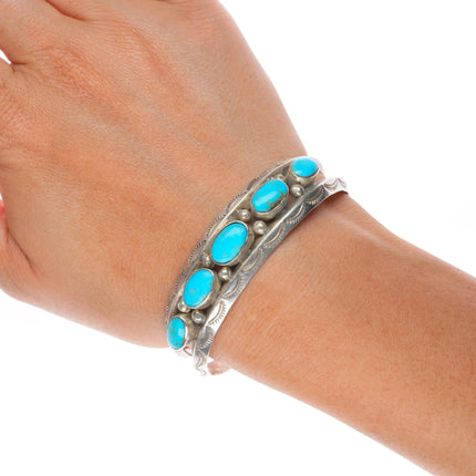 6.25" Vintage Navajo hand stamped turquoise row cuff bracelet sterling silver