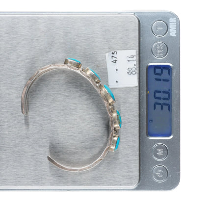 6.25" Vintage Navajo hand stamped turquoise row cuff bracelet sterling silver