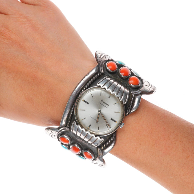 7.5" Big Vintage Navajo sterling silver turquoise/coral watch cuff bracelet
