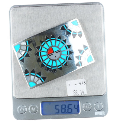 JM Southwestern sterling silver inlaid sunface heavy stamped back belt buckle