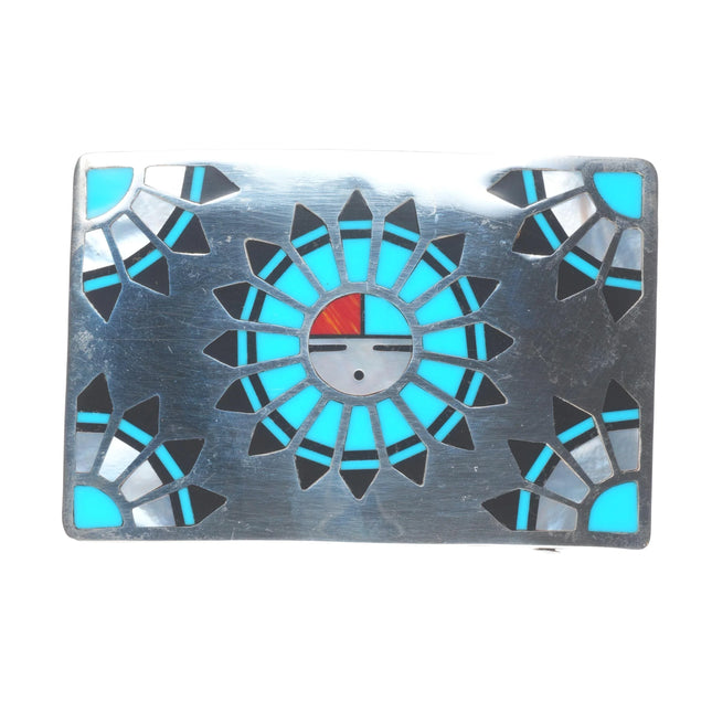 JM Southwestern sterling silver inlaid sunface heavy stamped back belt buckle