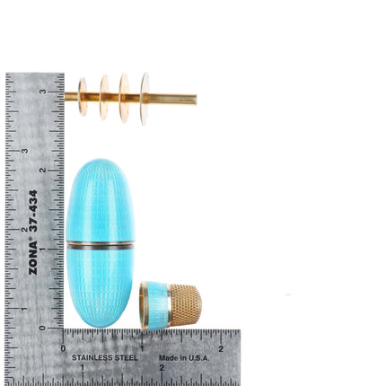 Antique Gilt Sterling silver Guilloche blue egg form sewing kit/thimble/spool