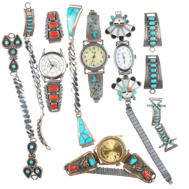 9 Vintage Zuni/Navajo sterling silver turquoise/coral/inlay ladies watch bands