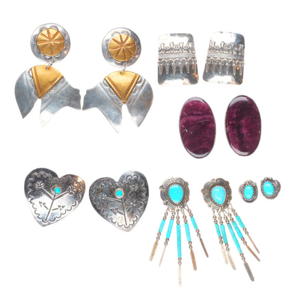 Vintage Southwestern sterling silver, spiny oyster, turquoise earrings lot