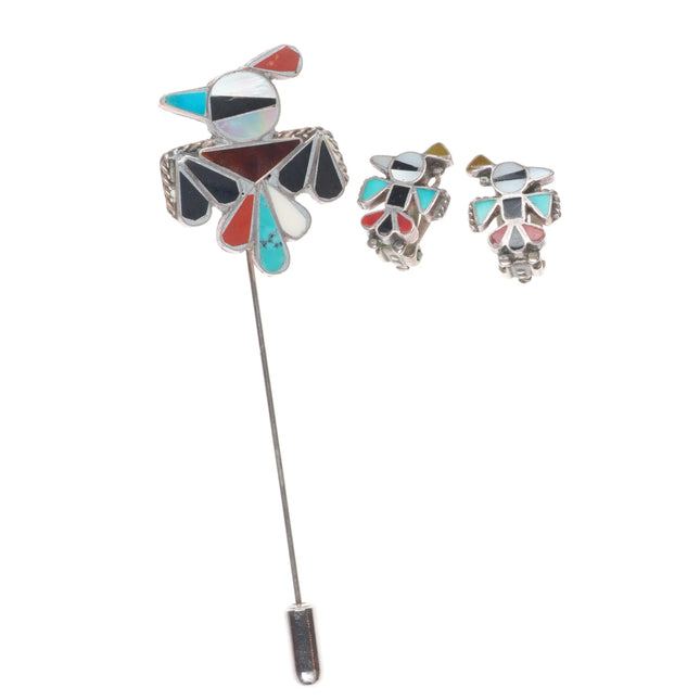 Vintage 1950's-60's Zuni sterling silver thunderbird stickpin/clip on earrings