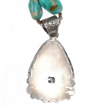 Vintage Native American sterling silver pendant/beaded necklace w/Nice turquoise