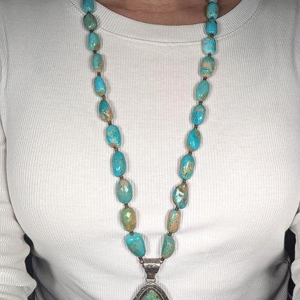 Vintage Native American sterling silver pendant/beaded necklace w/Nice turquoise