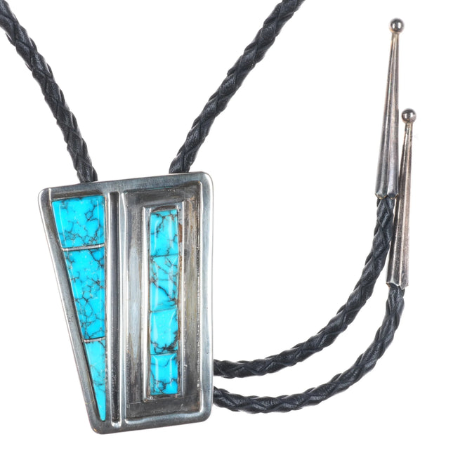 c1970 Navajo sterling silver turquoise inlay modernist bolo tie Gilbert Ortega