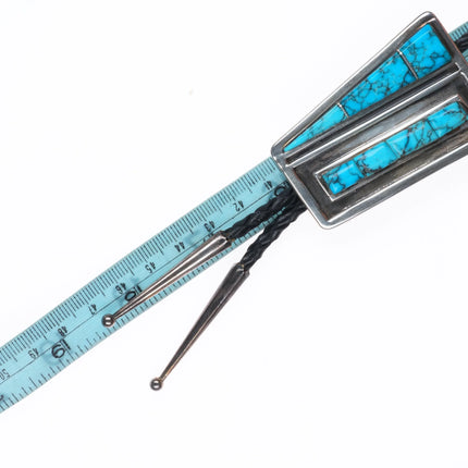 c1970 Navajo sterling silver turquoise inlay modernist bolo tie Gilbert Ortega