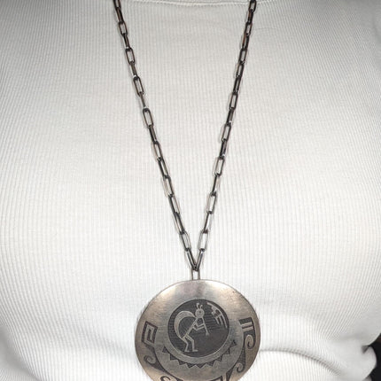 Large Michael Sockyma Hopi Overlay kokopelli pendant/pin sterling silver