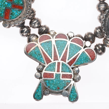 16.5" 1970's Navajo sterling silver chip inlay sunface squash blossom necklace