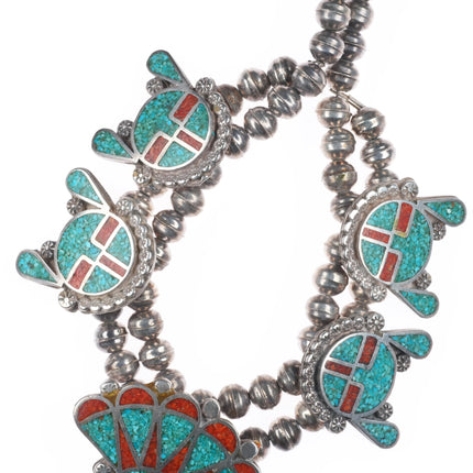 16.5" 1970's Navajo sterling silver chip inlay sunface squash blossom necklace