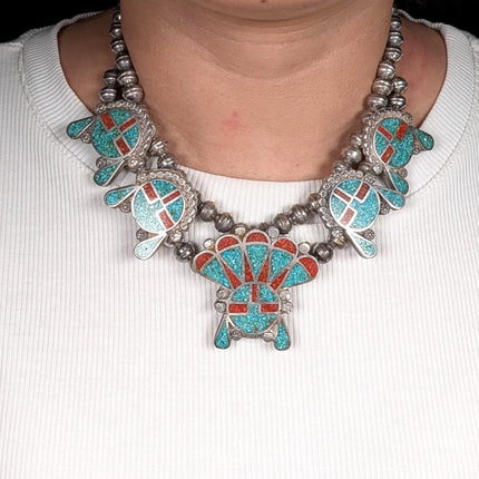 16.5" 1970's Navajo sterling silver chip inlay sunface squash blossom necklace