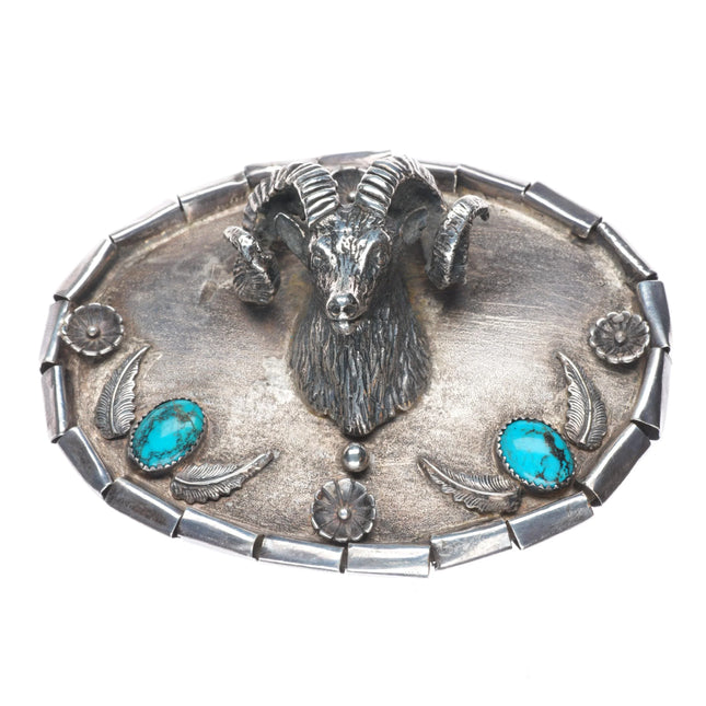Heavy vintage southwest sterling silver 3D Ram bust/Head belt buckle w/turquoise