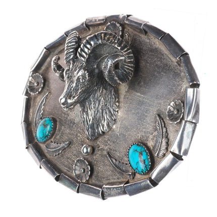 Heavy vintage southwest sterling silver 3D Ram bust/Head belt buckle w/turquoise