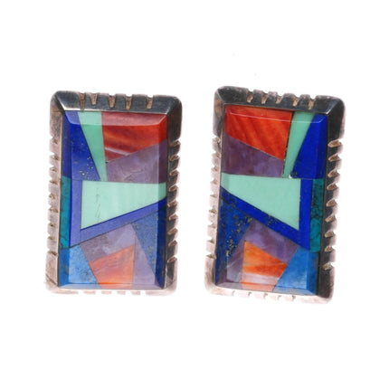 Lynol Yellowhorse Navajo sterling silver multi-stone intarsia inlay earrings