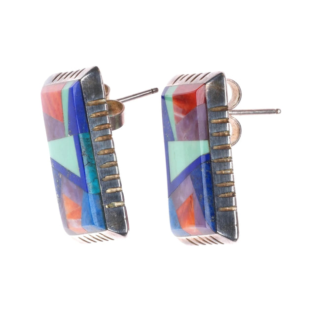 Lynol Yellowhorse Navajo sterling silver multi-stone intarsia inlay earrings