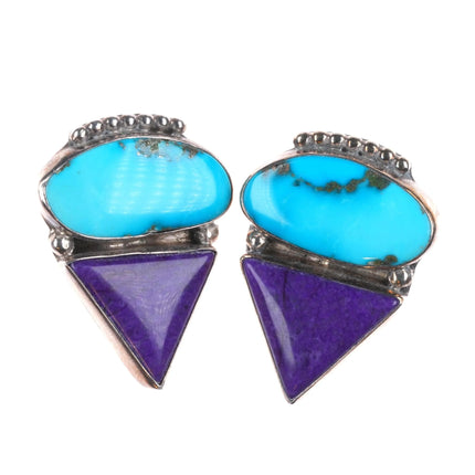 Vintage J Navajo sterling silver Sugilite, turquoise modernist earrings
