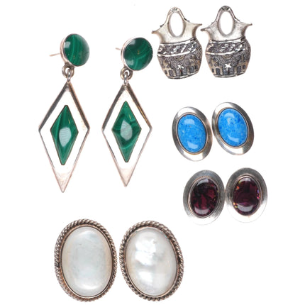 Vintage Southwestern Sterling silver Malachite, Denim Lapis, etc earring lot