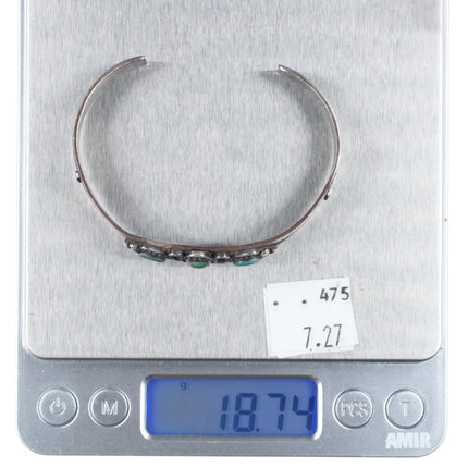 6.6" 30's-40's Navajo sterling silver green turquoise cuff bracelet 3 stone