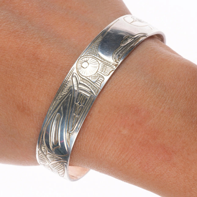 7" Vintage WDF Haida sterling silver Sun Eagle Wolf cuff bracelet hand carved