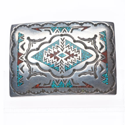 Nakai Navajo sterling silver chip inlay turquoise vintage belt buckle