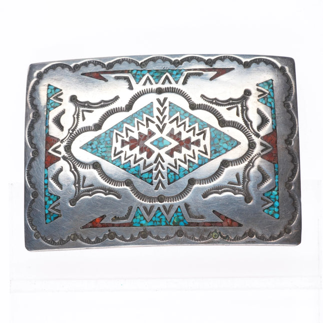 Nakai Navajo sterling silver chip inlay turquoise vintage belt buckle