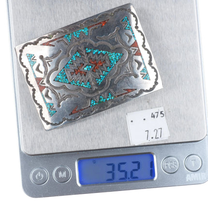 Nakai Navajo sterling silver chip inlay turquoise vintage belt buckle