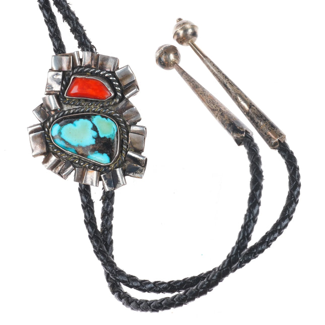 Vintage Navajo sterling silver turquoise/coral bolo tie with brutalist rim