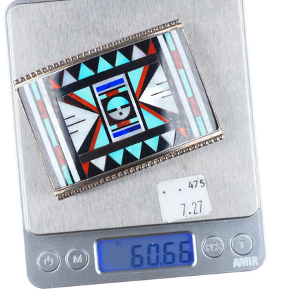 Rick & Lucy Vacit Zuni inlay sterling silver belt buckle turquoise/coral