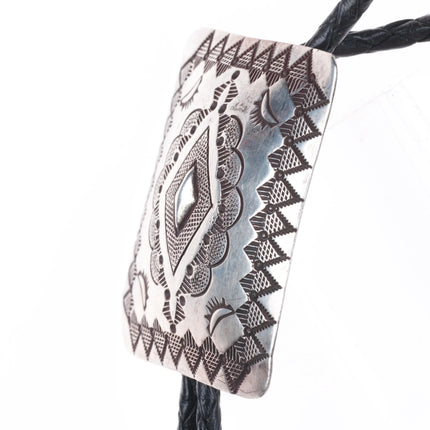 Vintage Herman Smith Navajo rug pattern sterling silver heavily stamped bolo tie