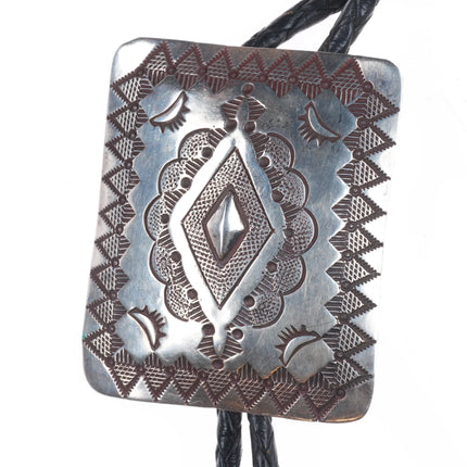 Vintage Herman Smith Navajo rug pattern sterling silver heavily stamped bolo tie