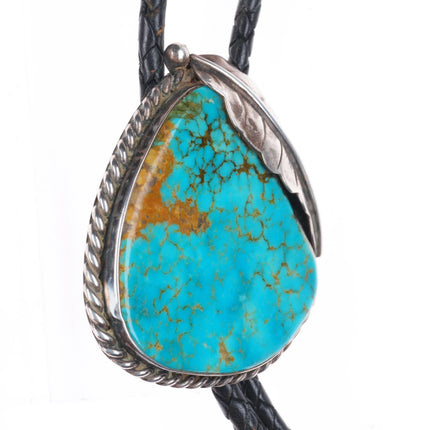 50's-60's Navajo sterling silver waterweb turquoise bolo tie w/feather design