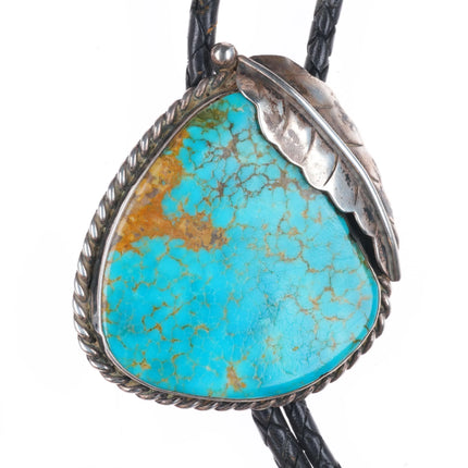 50's-60's Navajo sterling silver waterweb turquoise bolo tie w/feather design