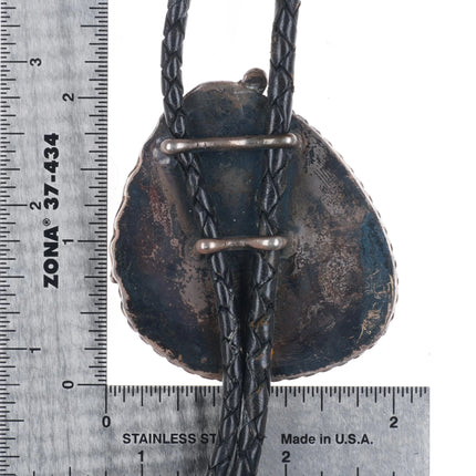 50's-60's Navajo sterling silver waterweb turquoise bolo tie w/feather design