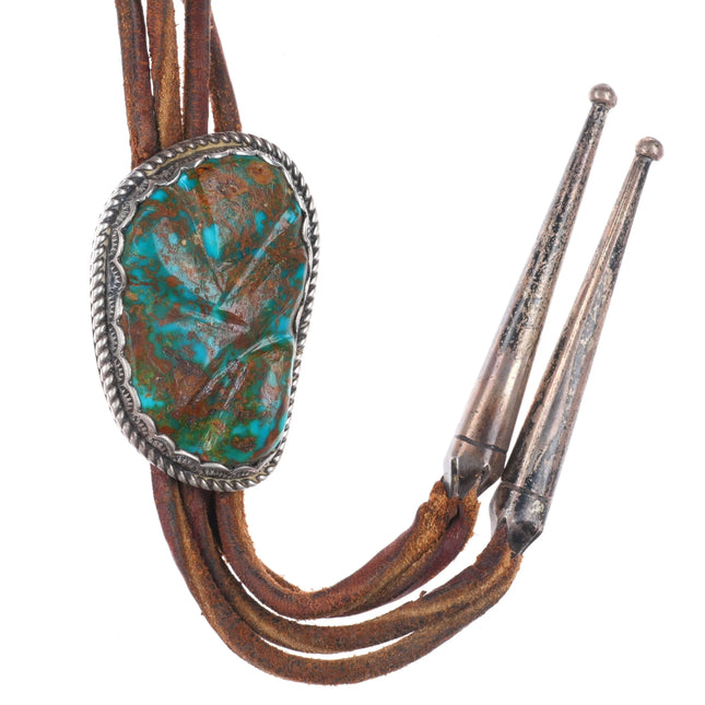50's-60's Navajo sterling silver Zuni carved Pilot Mountain turquoise bolo tie