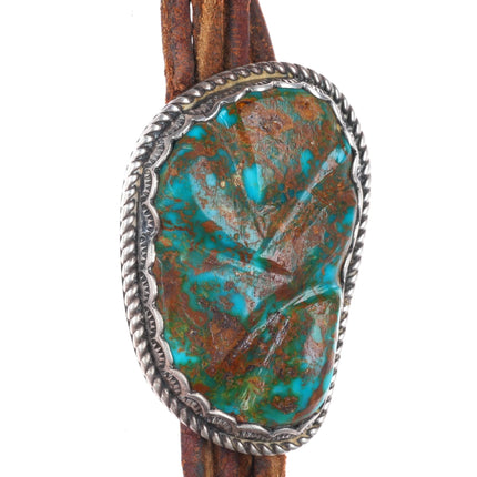 50's-60's Navajo sterling silver Zuni carved Pilot Mountain turquoise bolo tie