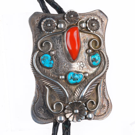 c1960 c-31 Navajo sterling silver, turquoise/coral large bolo tie