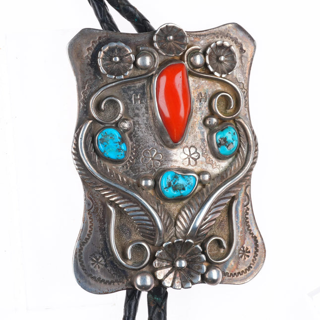 c1960 c-31 Navajo sterling silver, turquoise/coral large bolo tie