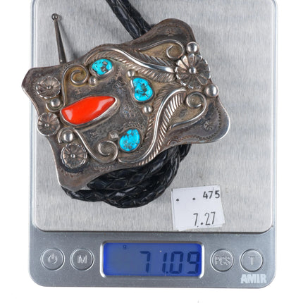 c1960 c-31 Navajo sterling silver, turquoise/coral large bolo tie