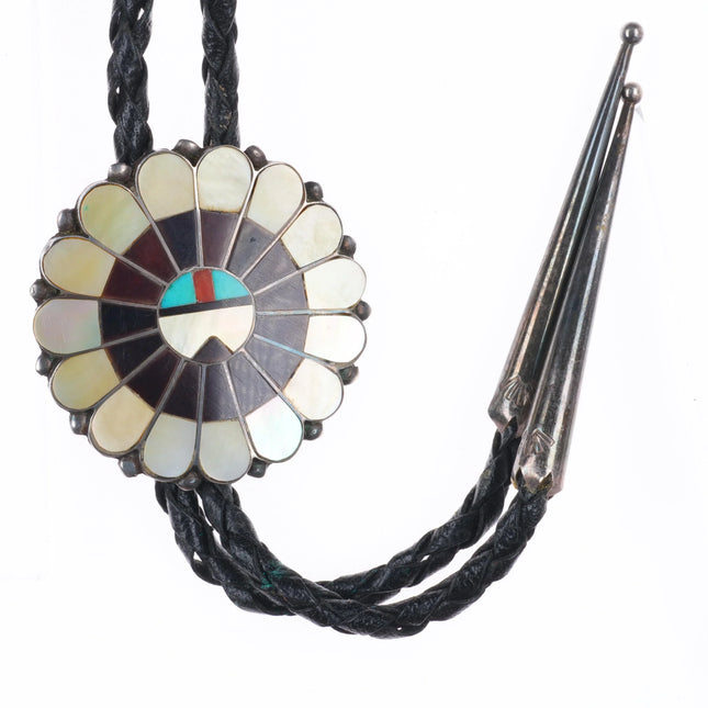 1970's Vintage Zuni sunface shell/turquoise/coral sterling silver bolo tie