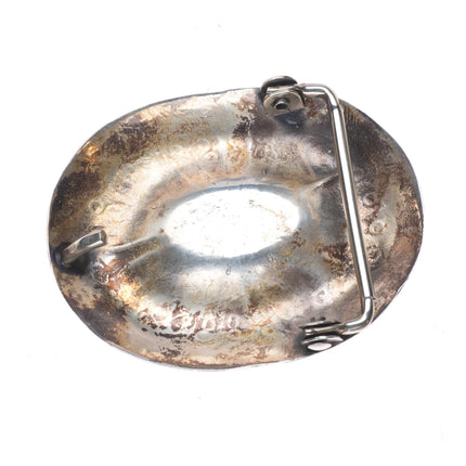 1980's Vintage Navajo sterling silver turquoise belt buckle w/stamped design