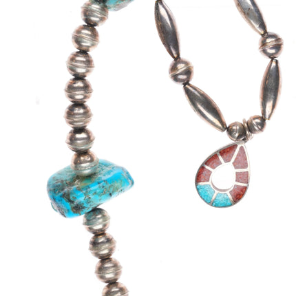 15" & 17" 2 1970's Vintage Navajo sterling silver turquoise/chip inlay necklaces